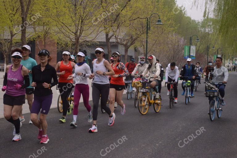北京城市副中心，运河森林公园的跑步者和骑行者